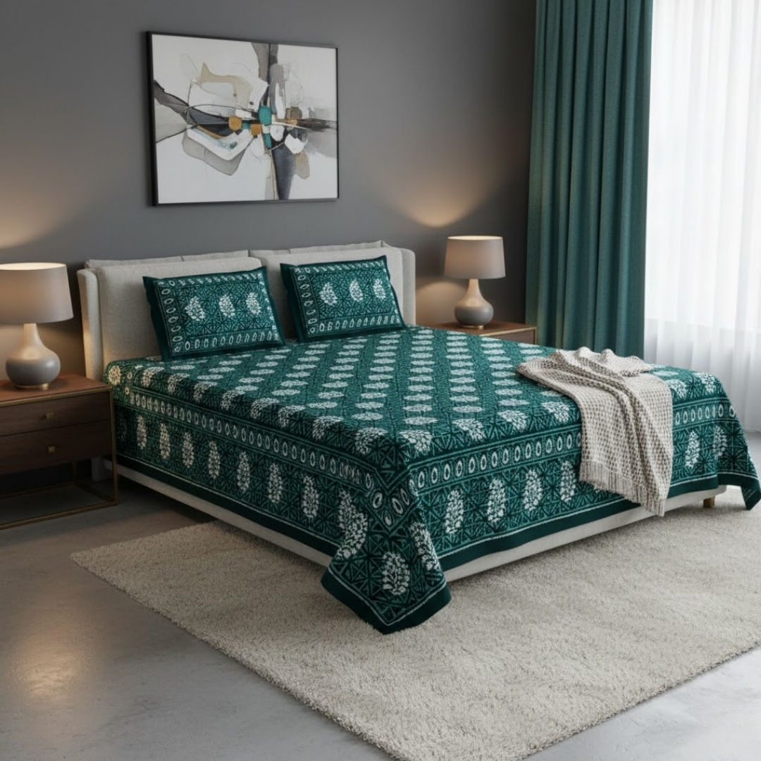Green Buta Dabu Print Jaipuri Double Bedsheet